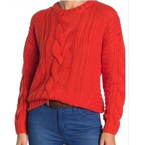 ONE A Cable Knit Sweater Crew Neck Fisherman Red Orange Womens Sz XL Cozy Preppy